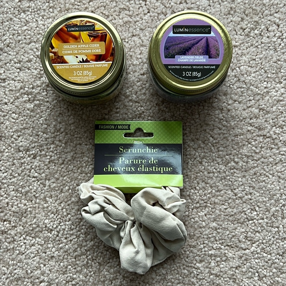 Two 3oz. Candles and a Scrunchie Bundle